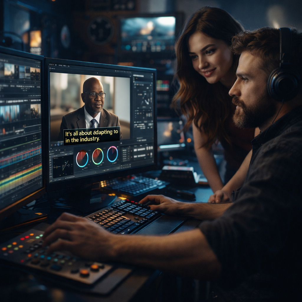 Illustration of a focused editor working across premium timeline screens